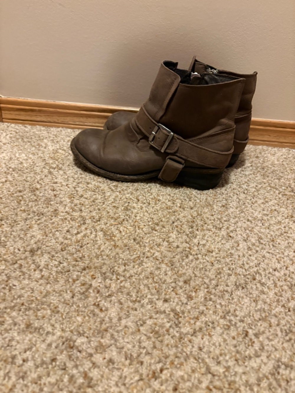 All Saints Biker Boots in Taupe/Brown Leather Buckle Ankle Boots